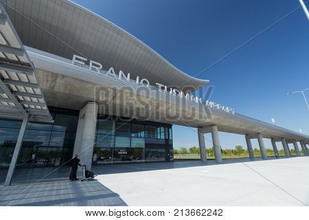 ZAGREB AIRPORT - 24 APRIL 2017: Front entrance with sign Franjo Tudman Airport.