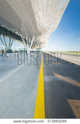 ZAGREB AIRPORT - 24 APRIL 2017: Exterior of arrivals terminal.