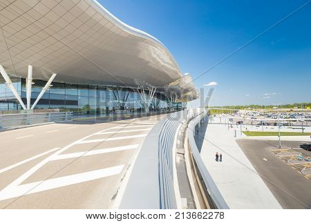 ZAGREB AIRPORT - 24 APRIL 2017: Exterior of arrivals terminal.