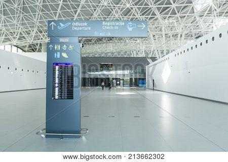 ZAGREB AIRPORT - 24 APRIL 2017: Direction signs to check in.