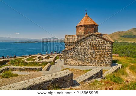 SEVANAVANK MONASTERY, ARMENIA - 02 AUGUST 2017: Famous Sevanavank Monastery Landmark on Lake Sevan in Armenia