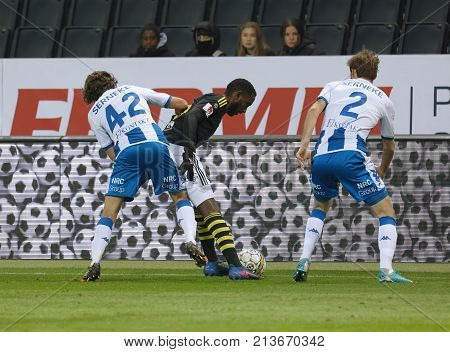 SOLNA SWEDEN - OCT 30 2017: Soccer player Henok Goiom (AIK) dribble. October 30 2017SolnaSweden