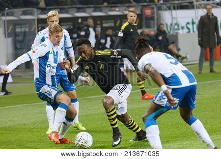 SOLNA SWEDEN - OCT 30 2017: Soccer player Henok Goiom (AIK) dribble. October 30 2017SolnaSweden