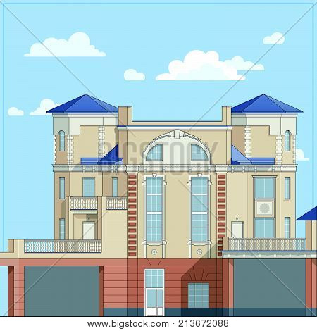 Four-storey big house with beige brick walls and a blue roof. In a classic style. A private mansion, a  traditional cottage with a stucco facade. Detailed architectural design. Vector illustration