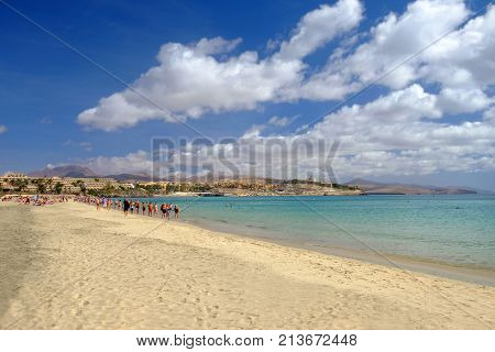 COSTA CALMA FUERTEVENTURA SPAIN - 22.OCTOBER 2017: View on the beach Costa Calma on the Canary island Fuerteventura with unknown tourists.