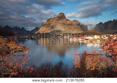Panorama fishing village of Reine Lofoten Norway