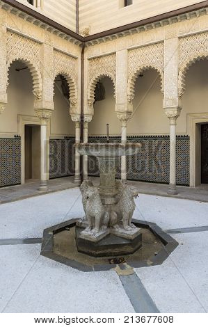 Grizzana Morandi Italy -12th November 2017: Interior of an old medieval palace with the fountain in the middle