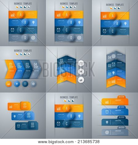 Set with infographics. Data and information visualization. Template. Stock vector. Dynamic infographics stylish geometric. element for design business invitations, gift cards, flyers and brochures