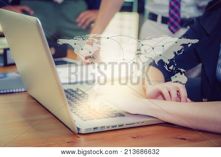 communication business person working on computer social media etwork connection concept Elements of this image furnished by NASA
