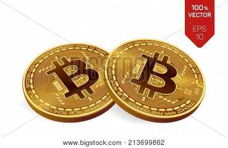 Bitcoin. 3D isometric Physical bit coin. Digital currency. Cryptocurrency. Two Golden coins with bitcoin symbol isolated on white background. Stock vector illustration