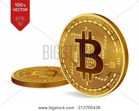 Bitcoin. 3D isometric Physical bit coin. Digital currency. Cryptocurrency. Two Golden coins with bitcoin symbol isolated on white background. Stock vector illustration