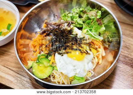 Closeup View Of Hot Bibimbap. Popular Korean Dish