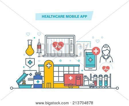 Healthcare mobile app. Mobile service. Medical healthcare, mobile consultant. Diagnosis diseases, patient care, online medical consultation, service. Illustration thin line design of vector doodles.