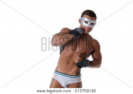 Naked sexy man in the white mask.