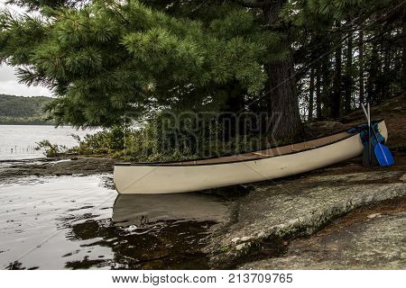 Canada Ontario Lake two rivers white blank Canoe Canoes parked on island in Algonquin National Park