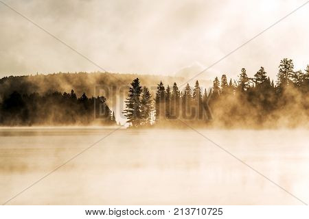 Lake of two rivers in algonquin national park ontario canada sunset sunrise with fog foggy mystical atmosphere background