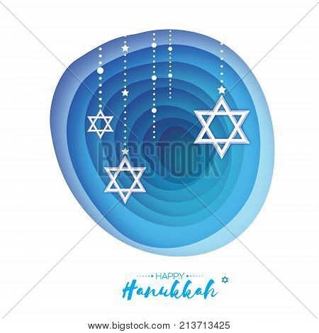 Origami Star of David. Happy Hanukkah. Shining stars. Greeting card for the Jewish holiday on blue background with garland. Hanuka Circle tonnel frame. paper cut style. Origami cave. Vector