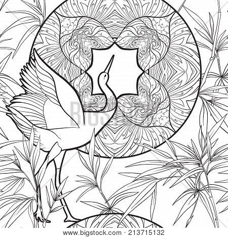 Seamless pattern, background with decorative flowers and bird in art nouveau style, vintage, old, retro style. Outline drawing.. Stock vector illustration.