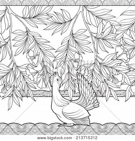 Seamless pattern, background with decorative flowers and bird in art nouveau style, vintage, old, retro style. Outline drawing.. Stock vector illustration.