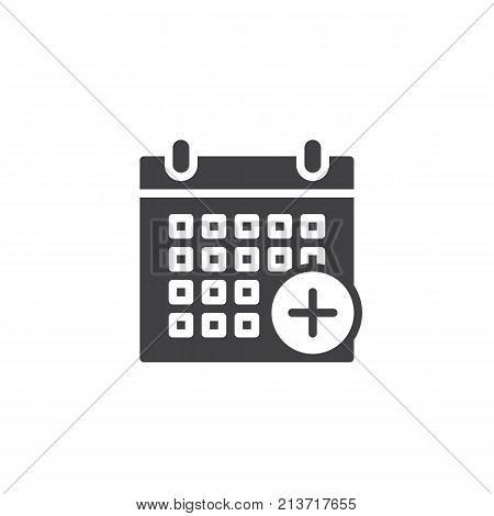 Calendar add icon vector, filled flat sign, solid pictogram isolated on white. Holiday event planner with plus symbol, logo illustration.