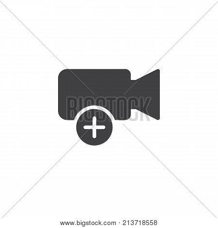 Add video icon vector, filled flat sign, solid pictogram isolated on white.  Camera with plus symbol, logo illustration.