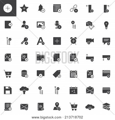 Add applications with plus sign vector icons set, modern solid symbol collection, filled style pictogram pack. Signs, logo illustration. Set includes icons as user, plus, file, document, link, save