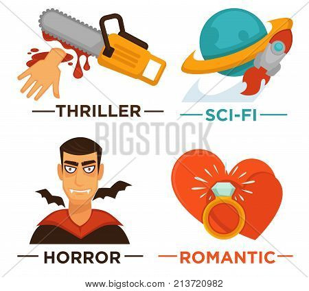 Vector flat isolated symbols set for cinema or channel movie genre tag. Movie genre icons.