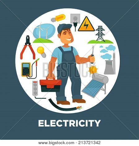 Electrician with toolkit surrounded with electricity sources and tools. Wind generators, bright bulbs, tall tower, plant pipes, solar battery, small voltmeter and power sockets vector illustrations.