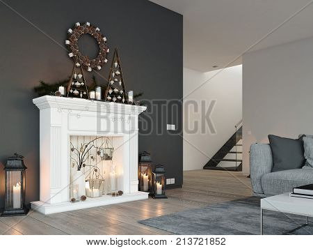 living room with fireplace in modern loft apartment. 3d rendering