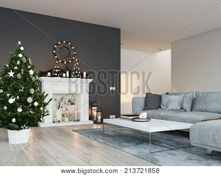 living room with fireplace in modern loft apartment. 3d rendering