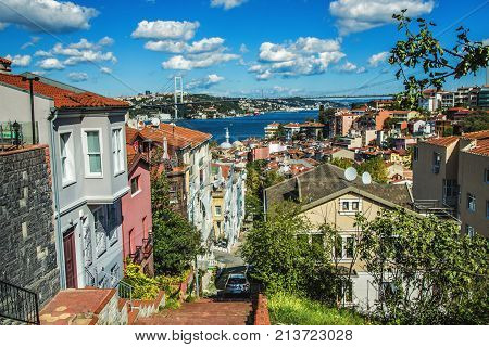 ISTANBUL TURKEY: Panoramic view of Bosphorus and Bosphorus Bridge from the hilltop of Kuzguncuk small district at the coastline of Bosphorus on October 10 2017