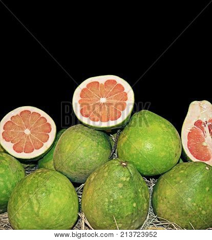 Pile of Pomelo with Slice Isolated on Black Background Clipping Path