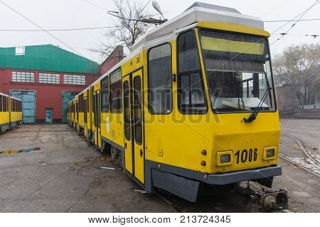 Tram on the rails (yellow depo tramway)