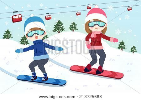 cartoon couple is snowboarding on the moutain