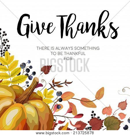 Happy Thanksgiving Greeting card postcard design with Autumn seasonal orange Pumpkin colorful yellow red forest tree fall leaves berry & herbal mix. Festive vector watercolor style bright template