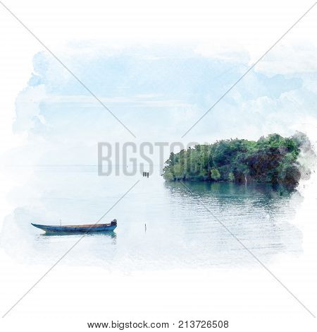 The empty boat floats in the sea near the island with blue sky background. Watercolor painting (retouch).