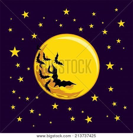 Vector, A Flying Flock Of Bats, A Yellow Big Moon In The Background, Yellow Stars
