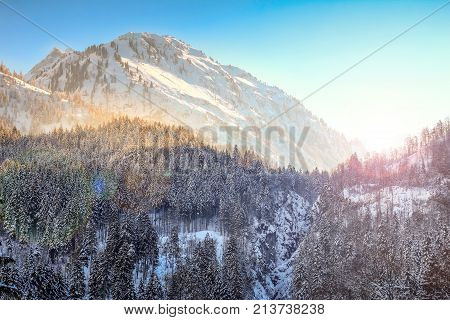Vibrant sunset in snowy winter mountains and woodland. Allgaeu Alps, Bavaria in Germany.