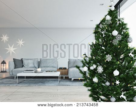 living room in modern loft apartment. 3d rendering