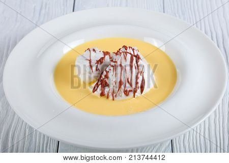 Close-up Of  A Floating Island Dessert,
