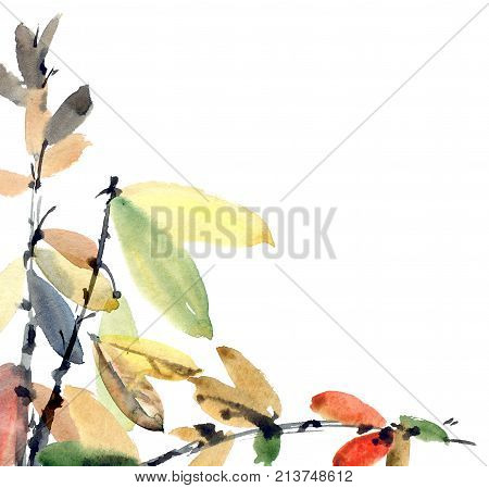 Watercolor and ink illustration of tree foliage. Oriental traditional paintind u-sin sumi-e. Artistic background for card invitation or cover.