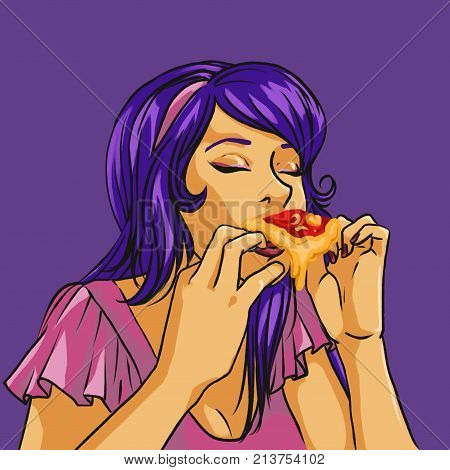 Girl eating a pizza in the style of pop art. Emotion of bliss euphoria on the woman's face. The woman enjoys the taste of pizza.
