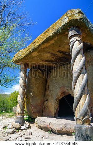 Close up beautiful stone dolmen on sunny day
