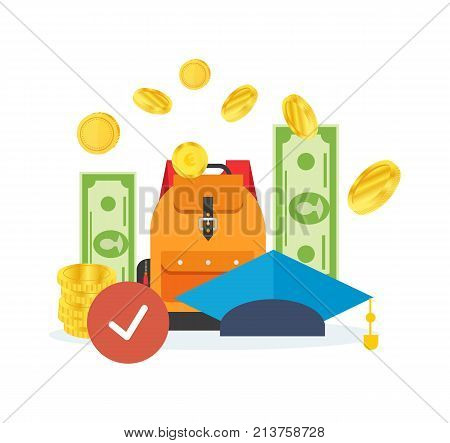 Education cost concept. Invest money in education, study cash, tuition fees, tax, pay, spending education money investment. Calculation, management. Vector illustration