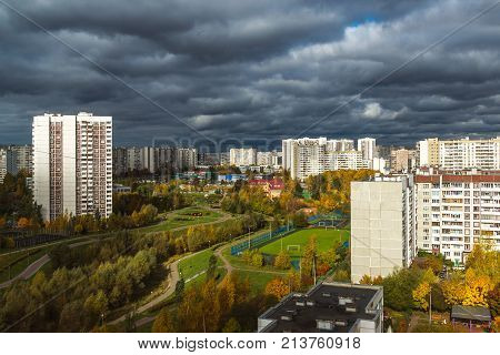 Moscow, Russia - October 10. 2017. 16 microdistrict of the city of Zelenograd in cloudy weather