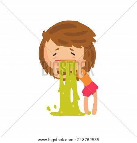 Unhappy girl vomiting from food poisoning cartoon character vector illustration isolated on a white background