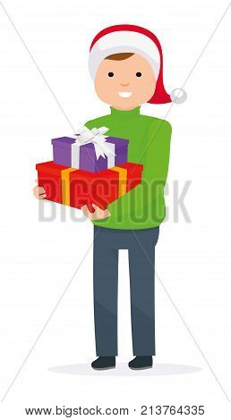 Happy boy in christmas hat with a gift for a holiday. Vector illustration in flat cartoon style
