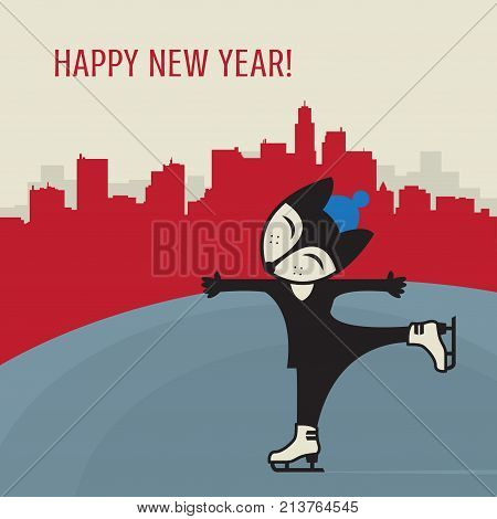Little Fox training Ice figure skating with text Happy New Year vector illustration
