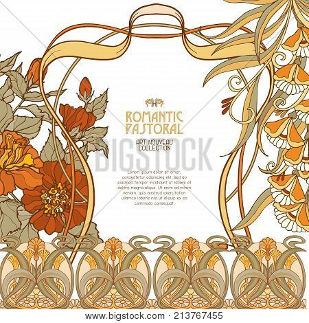 Poster, background with space for text and decorative flowers in art nouveau style, vintage, old, retro style. Stock vector illustration.