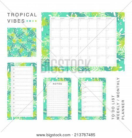 Set of planner goods. Tropical leaves theme. Monthy, weekly, daily schedule, to do list, notes templates. Printable vector